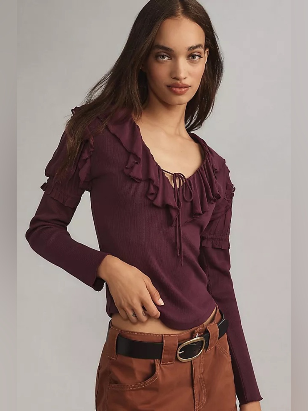 Anthropologie long sleeve ruffle top burgundy purple tie front